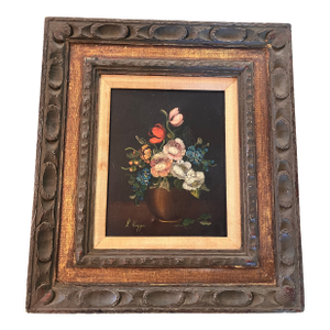 Vintage Signed R. Krueger Floral Still Life Oil Painting in Carved Wood Frame