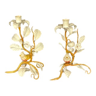 Bird Branch Italian Tole Candlestick Holders, a Pair For Sale