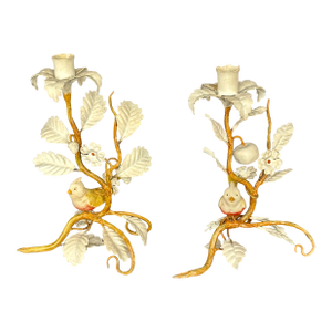Bird Branch Italian Tole Candlestick Holders, a Pair
