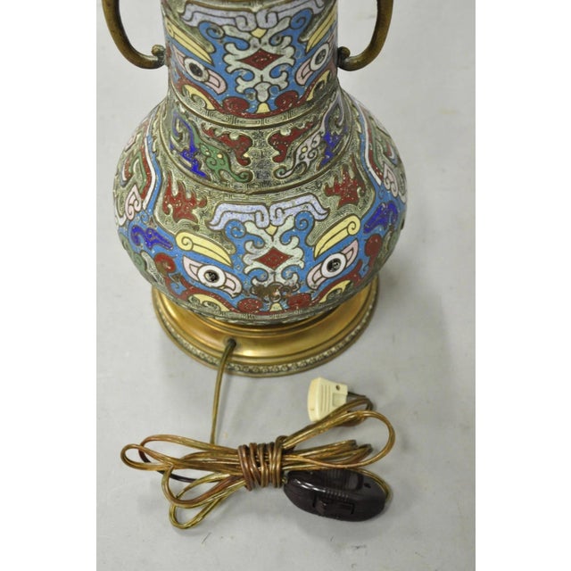 Vintage Chinese Porcelain Enamel Bronze Cloisonne Champleve Vase Table Lamp For Sale - Image 10 of 12