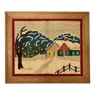 Mid Century Framed Hooked Rug Winter Cabin Scene For Sale