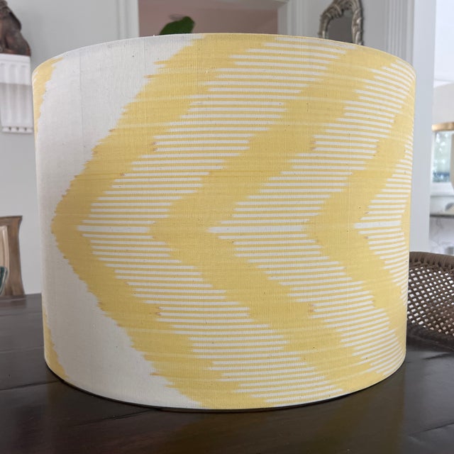 Pale Yellow Silk Ikat Drum Lamp Shade Authentic Hand-Woven Ikat fabric from Uzbekistan.