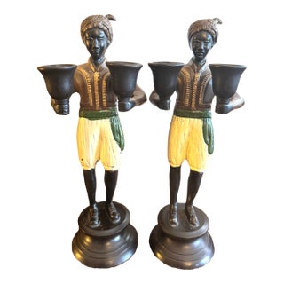 Vintage Moorish Figural Double Candleholders, Pair – Hand Painted Cast Metal Candlesticks, Hollywood Regency Style For Sale