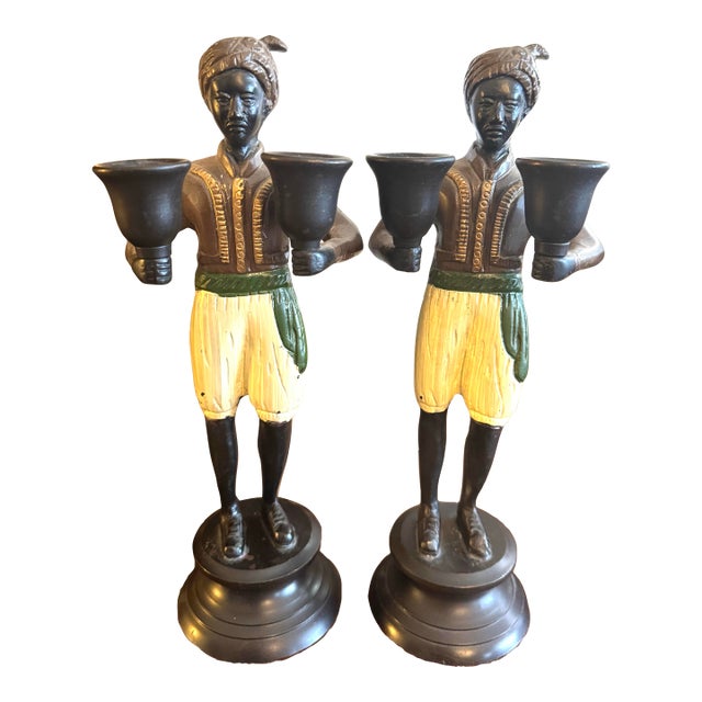 Vintage Moorish Figural Double Candleholders, Pair – Hand Painted Cast Metal Candlesticks, Hollywood Regency Style For Sale