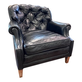 Vintage Tufted Black Leather Club Chair For Sale
