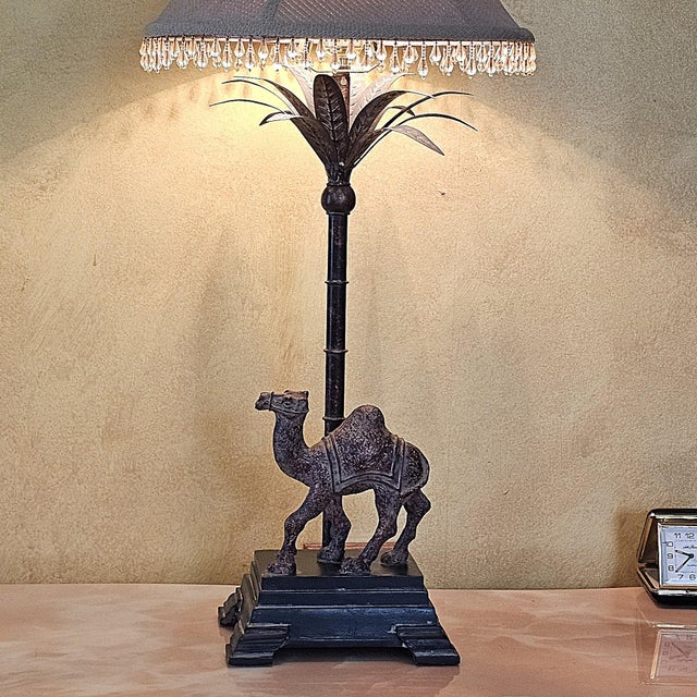 Metal Berman Camel Table Lamp With Palm Motif Stem, Bronze-Tone Desert Safari Accent Lamp, 29"h For Sale - Image 7 of 18