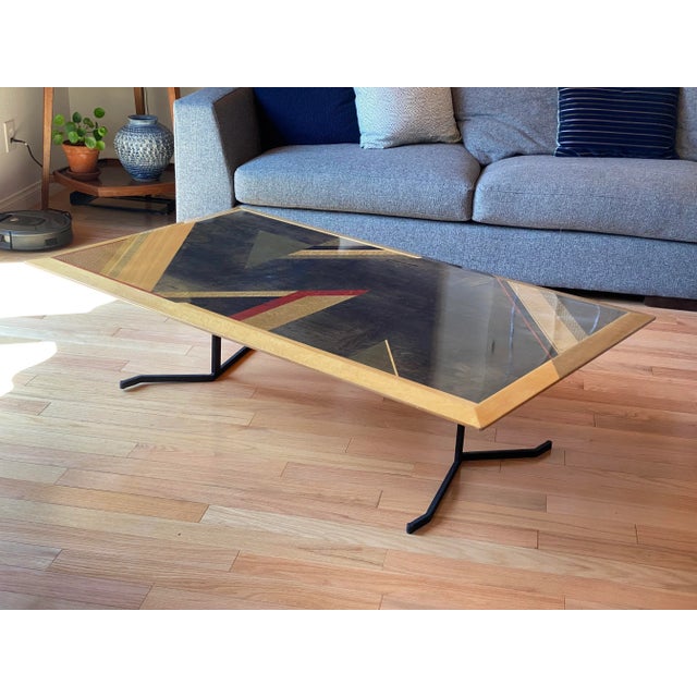 Rare Giovanni Offredi for Saporiti Italian Coffee Table - Geometric Dyed Wood Veneer Top & Sculptural Iron Base For Sale - Image 13 of 13