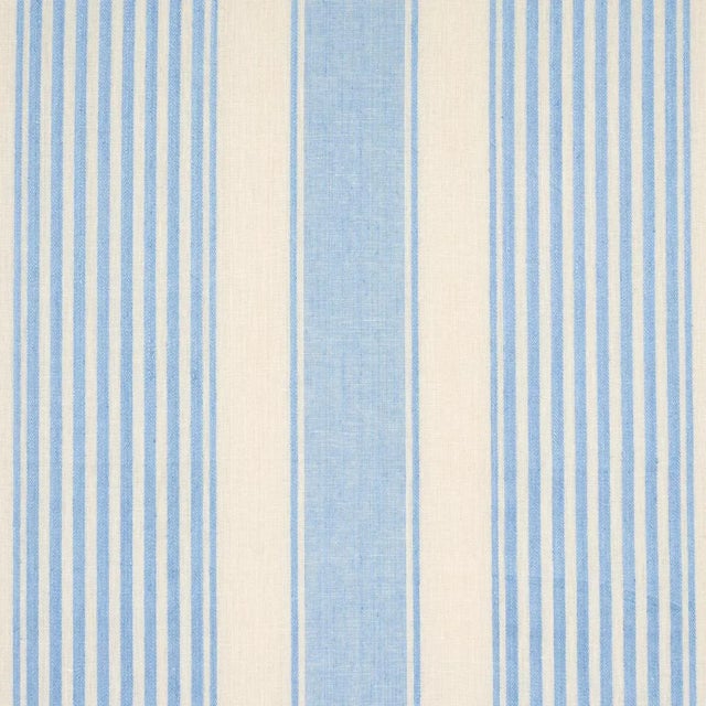 Schumacher Summerville Linen Stripe Fabric in Sky For Sale