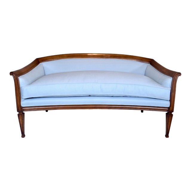 An unique French Directoire style solid Cherry sofa beautifully balanced with subtle crescent curved frame, in gorgeous...