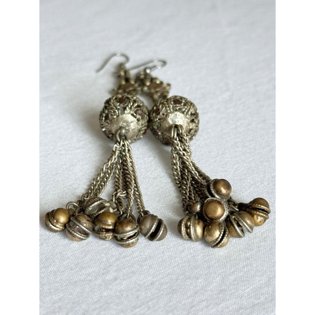 Indian Vintage 1990s Bohemian Silver Brass Tone Filigree Bell Drop Earrings, Pair For Sale - Image 3 of 8