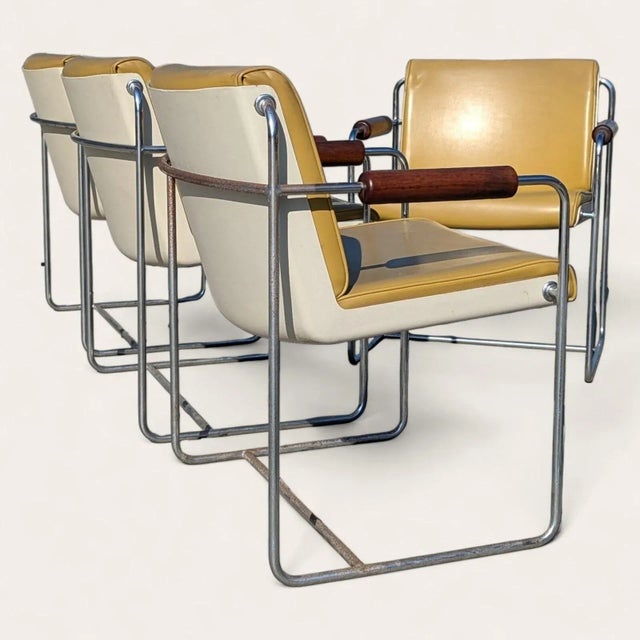 Set of Eight Krueger Afka Mustard Vinyl, Walnut & Chrome Armchairs, C. 1969 For Sale - Image 9 of 10
