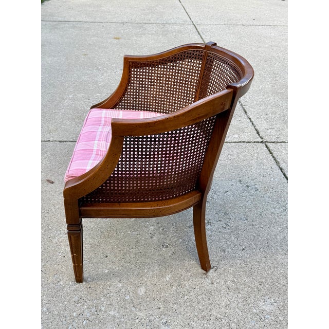 Vintage Mid-Century Modern Cane Barrel-Back Armchair | Hollywood Regency Neoclassical Revival | Tufted Pink Plaid Upholstery For Sale - Image 13 of 18