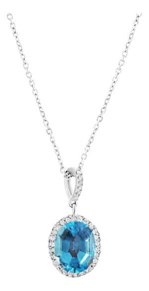 Blue Topaz Diamond Halo Necklace 14k White Gold 16"