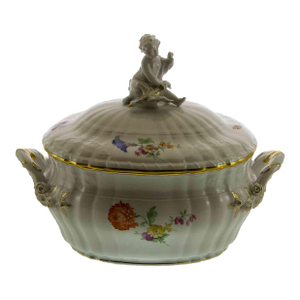 1980’s Vintage/New KPM Soup Tureen With Lid, Oval Body Rocaille Multi Flowers Decoration