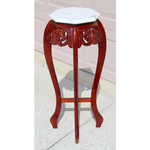 Wood White Marble Top Mahogany Hexagon Pedestal With Hand-Carved Grapes For Sale - Image 7 of 11