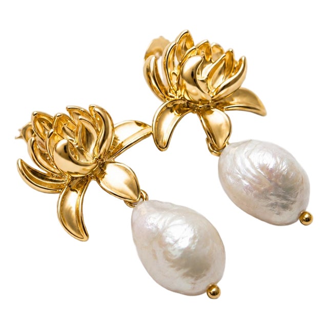 Lotus Freshwater Pearl Drop Earrings, Pair For Sale