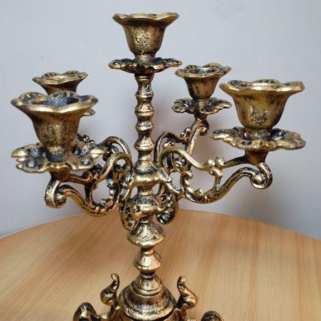 Ornate Gold Cast Iron Candelabra – 12.8" Five-Arm Candle Holder For Sale In Los Angeles - Image 6 of 9
