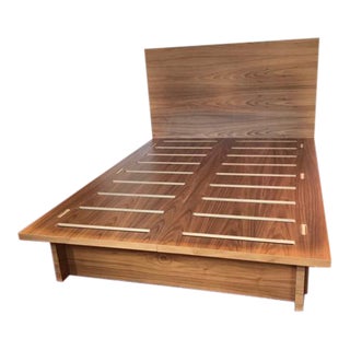 Mid-Century Modern Queen Walnut Platform Bedframe With Drawers For Sale