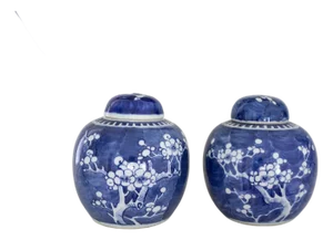 Pair of Blue and White Chinese Chinoiserie Prunus Blossom Lidded Ginger Jars