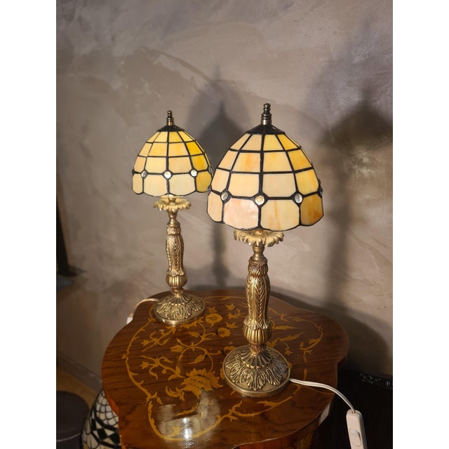 Gilded Spelter Bedside Lamps with Pâte de Verre Shades, 1960, Set of 2, in Very Good conditions. Designed 1960 to 1969...