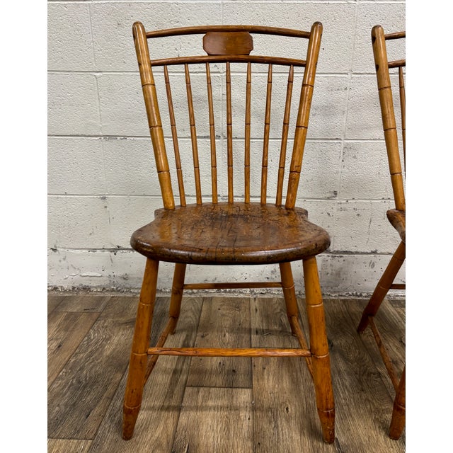 This is a gorgeous pair of antique Country Primitive Colonial birdcage Windsor handmade faux bamboo wooden dining side...