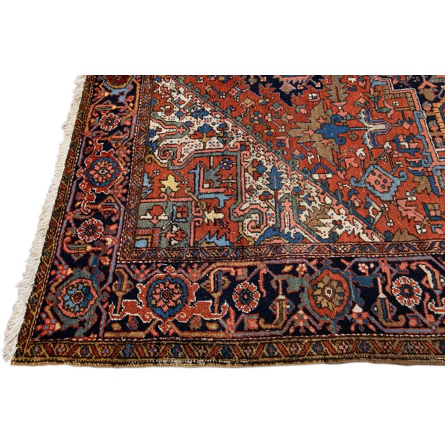 Antique Persian Heriz Handmade Medallion Designed Rust Wool Rug For Sale - Image 4 of 10