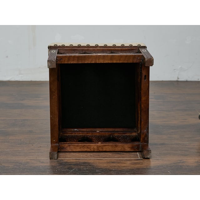 Antique Moroccan Hand-Carved Stool with Custom Linen Upholstery, Circa 1900 For Sale - Image 12 of 12
