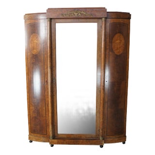 Antique Neoclassical Walnut Olive Ash Burl Knockdown Armoire Wardrobe Mirror 86" For Sale