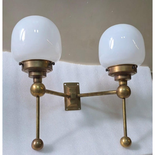 1940s Vintage Art Deco Light Old Lamp Wall Sconces Fixture Brass & Milk Glass Shade Ship Light For Sale - Image 5 of 6
