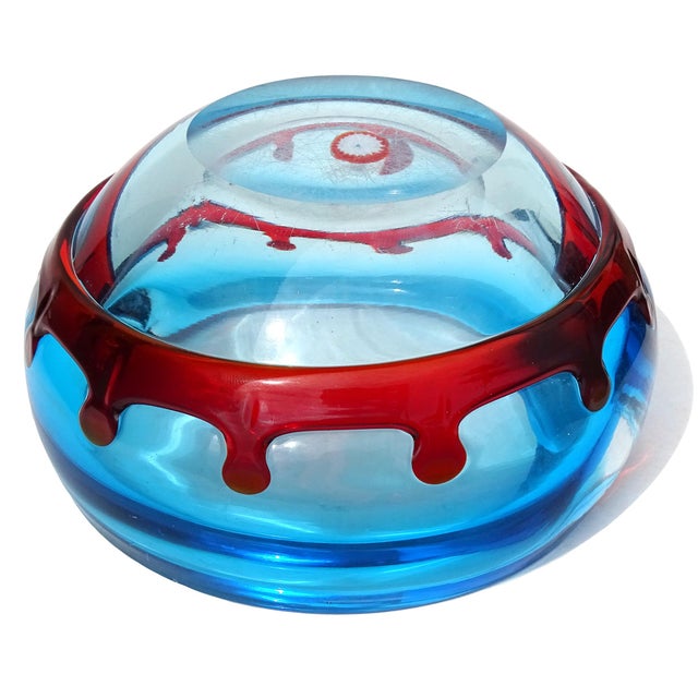 Glass Fratelli Toso Murano Blue With Red Crown Decor Flower Millefiori Center Italian Vintage Art Glass Bowl Ashtray For Sale - Image 7 of 10