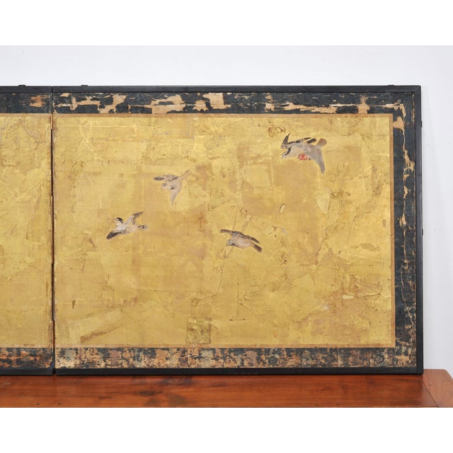 Japanese Edo Two-Panel Gilt Screen Birds Chrysanthemums 6 Ft For Sale - Image 9 of 18