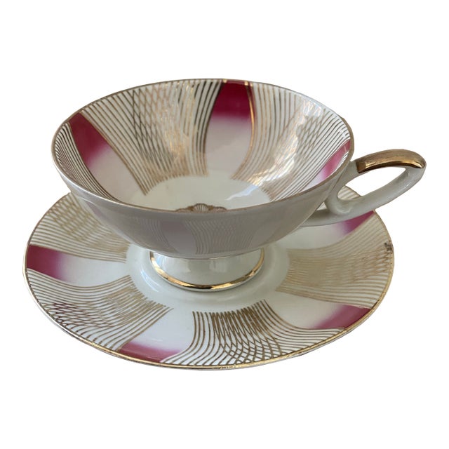 Vintage Bavaria Teacup With Saucer - Magenta & Gold For Sale