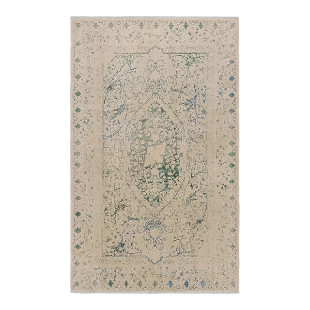 Rug & Kilim’s Modern Rug With Beige and Teal Abstract Patterns and Medallion For Sale