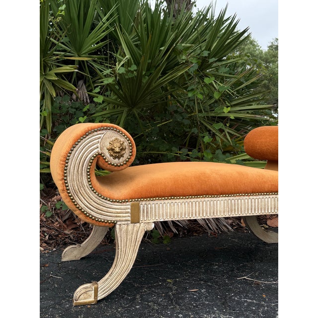 Vintage Neoclassical Orange Velvet Lion Head Banquette With Scrolled Silver-Leaf Arms For Sale - Image 4 of 5