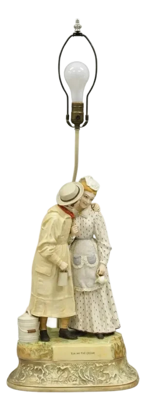 Antique Large Victorian Bisque "Taking the Cream" Porcelain Figure Table Lamp