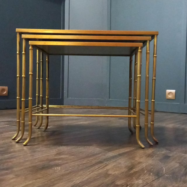 Mid-Century Bamboo Look Nesting Tables attributed to Maison Baguès, 1960s, Set of 3 For Sale - Image 10 of 11