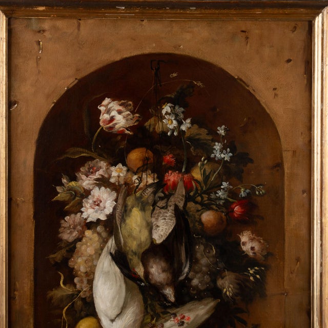 Original Oil on Canvas Still Life Painting of Foul, Flowers, and Fruit From Portugal For Sale - Image 4 of 10