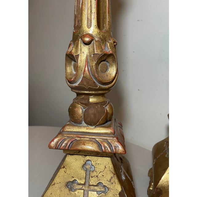 Pair Large Vintage Carved Ornate Gold Gilt Wood Religious Altar Candlesticks For Sale - Image 11 of 11