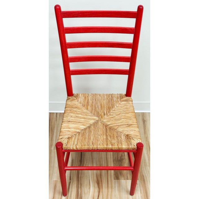 Farmhouse Vintage Rush Seat Red Ladderback Dining Chair For Sale - Image 3 of 8
