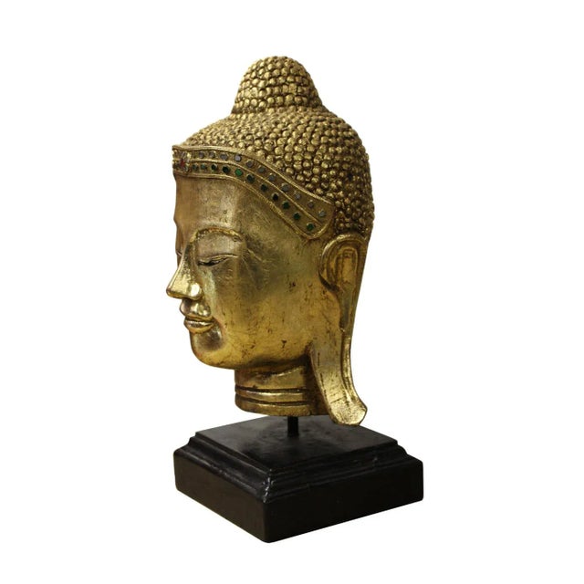 Handcrafted Gold Wood Serene Peaceful Buddha Head On Stand For Sale - Image 4 of 5