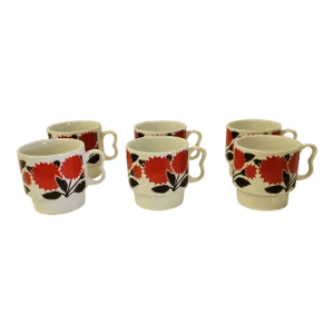 Mid-Century Red Poppy Coffee Mugs- Set of 6