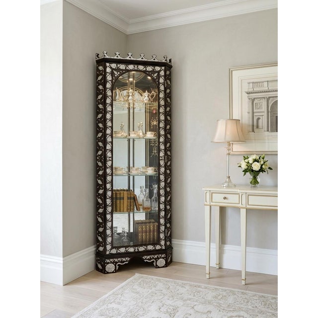 1980s Vintage Corner Style Mother of Pearl Inlaid Vitrine For Sale - Image 4 of 18