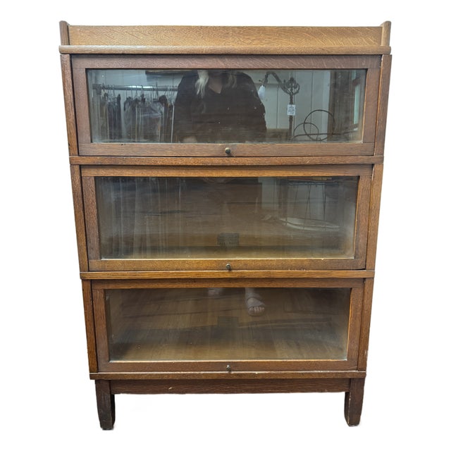 Antique Arts & Crafts Style 3 Stack Oak Barristers Book Case For Sale