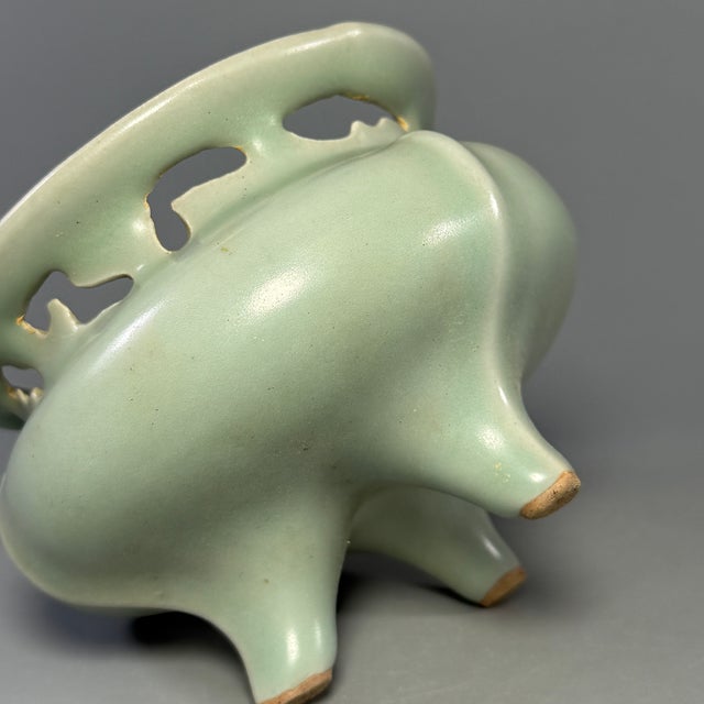 Vintage Chinese Celadon Pierced‑Rim Tripod Vessel, Collectible Decorative Ceramic Censer For Sale - Image 4 of 8
