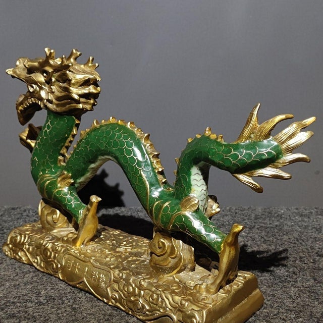 Mid 20th Century Vintage Cloisonne Enamel Dragon Figurine – 14.2" Gilt Sea Dragon With Pearl For Sale - Image 5 of 9