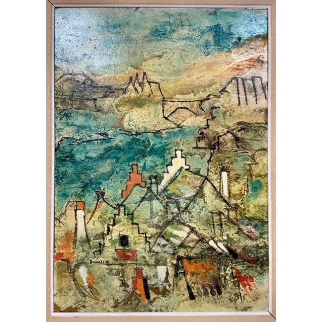 Lazzaro Donati (Italian, 1926-1977) Oil on board. Colorful Architectural Italian Landscape. Porto Azzurro, 1964 Hand...