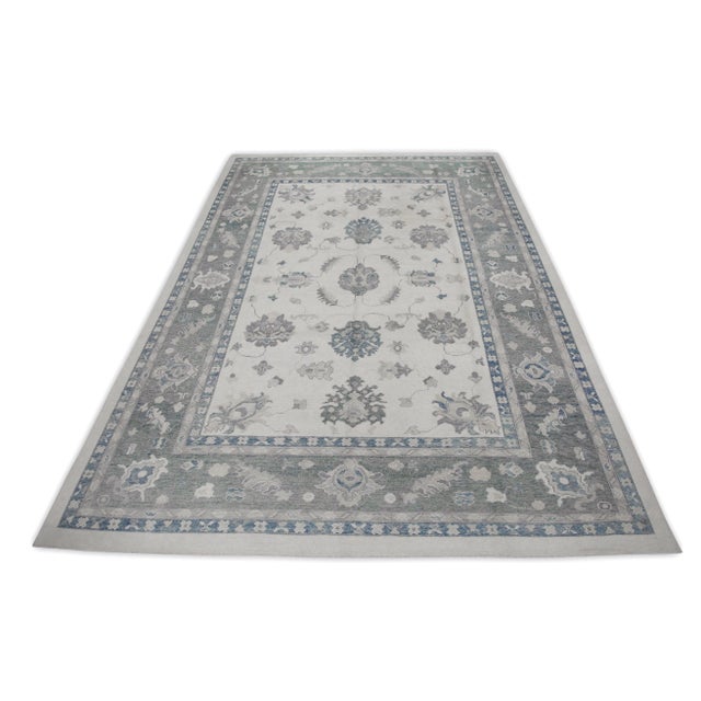 Early 21st Century Blue & Green Floral Design Handwoven Wool Turkish Oushak Rug 9'6" X 13'10" For Sale In Houston - Image 6 of 8