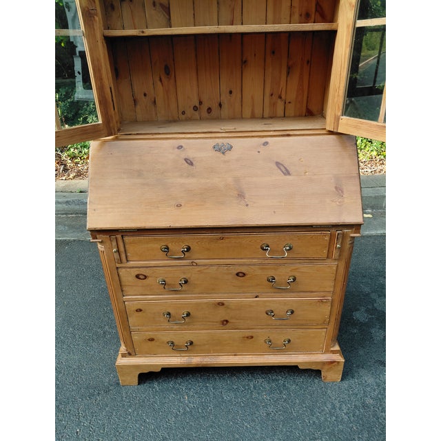 Vintage Country Pine Secretary Desk With Glass-Front Bookcase For Sale - Image 4 of 12