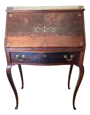 Mahogany Flame Antique Writing Desk, Abalone, Copper, Bronze Marquetry, Original Brass Hardware & Key, Compartments and Drawer, Cabriole Legs, C1800’s