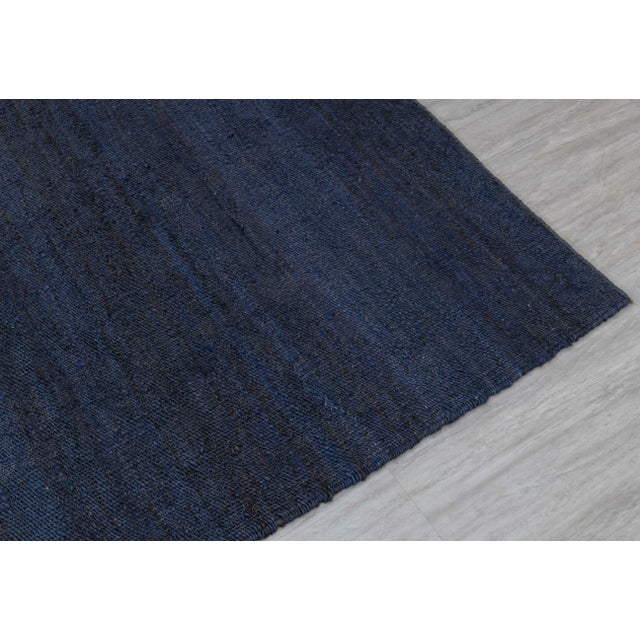 Boho Chic Navy Solid Handwoven Premium Natural Jute Yarn Flatweave Rug 9x12 Ft. For Sale - Image 3 of 12
